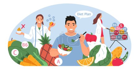 Illustration for Nutritionist advice concept with diet plan symbols flat vector illsutration - Royalty Free Image
