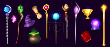 Illustration for Magic accessories colored set of magician hat witch pot with magical green potion magical wand decorated with jewel realistic vector illustration - Royalty Free Image