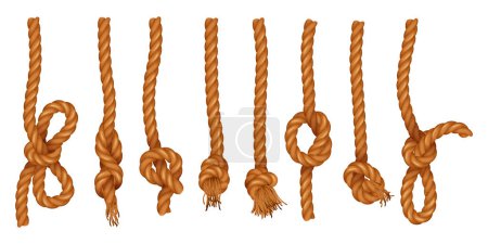 Téléchargez les illustrations : Cordes suspendues avec nœuds d'attelage de clou de girofle ensemble réaliste isolé à l'illustration vectorielle de fond blanc - en licence libre de droit