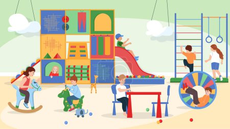 Playroom flat background with group of little kids having fun on indoor playground equipment vector illustration