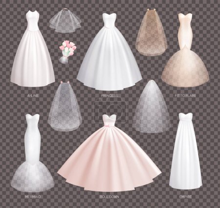 Illustration for Bride wedding dress realistic set with isolated bridal gown elements on transparent background with text captions vector illustration - Royalty Free Image