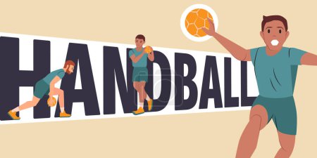 Téléchargez les illustrations : Bannière de texte horizontale en style plat avec des joueurs de handball avec des balles pendant l'illustration vectorielle de match - en licence libre de droit