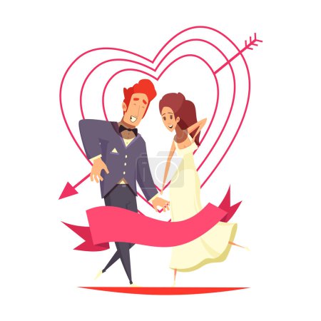 Illustration for Newlyweds composition with doodle human characters of bride and groom surrounded by red heart symbols vector illustration - Royalty Free Image
