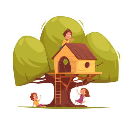 Ilustración de Árbol casa composición de los niños con vista aislada del árbol con cabinas colgantes escaleras y jugar niños vector ilustración - Imagen libre de derechos