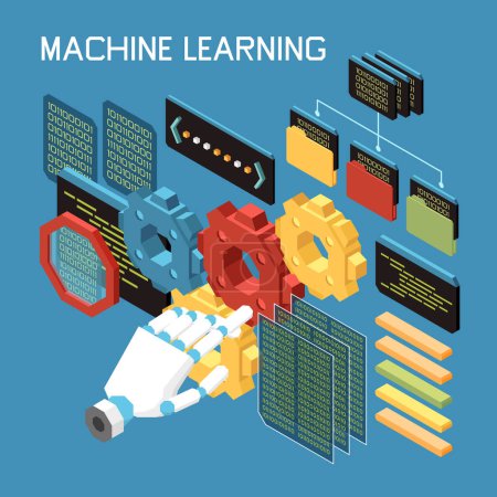 Illustration for Machine learning isometric composition of text and robotic hand with icons of code gear and folders vector illustration - Royalty Free Image