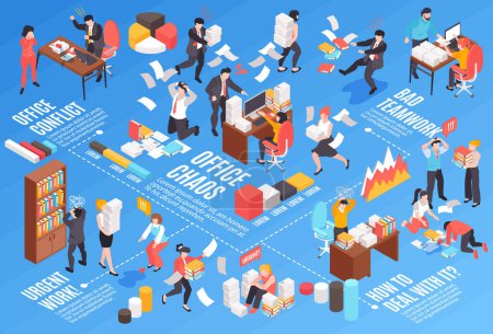 Illustration for Isometric office chaos horizontal composition with editable text captions bar chart elements and distracted coworkers characters vector illustration - Royalty Free Image
