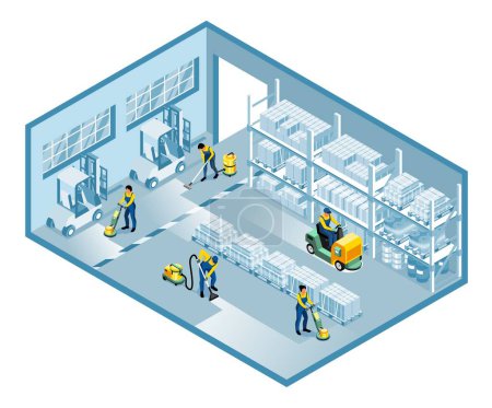 Cleaning service isolated object on white background with workers carrying out cleaning in warehouse vector illustration