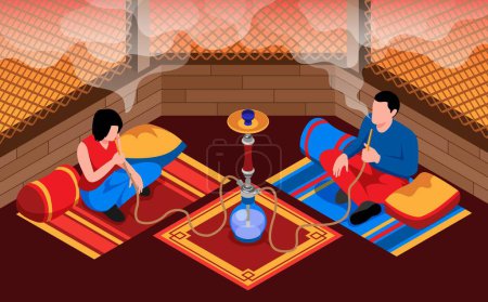 Illustration for Hookah bar isometric colored composition with eastern couple smoking hookah in lotus pose vector illustration - Royalty Free Image