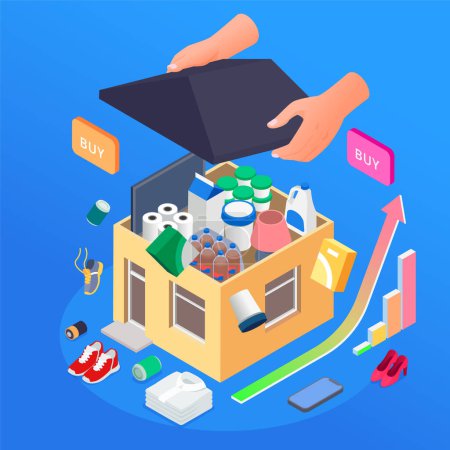 Illustration for Overconsumption isometric concept with house full of grocery goods vector illustration - Royalty Free Image