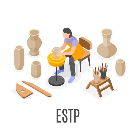 Illustration for Estp mbti personality type isometric composition with female character doing pottery 3d vector illustration - Royalty Free Image