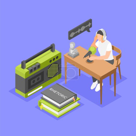 Illustration for Rhetoric isometric background with person training speaking into microphone 3d vector illustration - Royalty Free Image