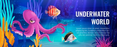 Underwater world poster with coral reefs cute fishes and octopus vector illustration