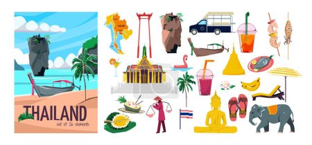 Thailand Set mit Tempel Buddha-Statue Früchte Meeresfrüchte Rikscha Kanu Karte Elefant Strand Ferienwohnung isoliert Vektor Illustration