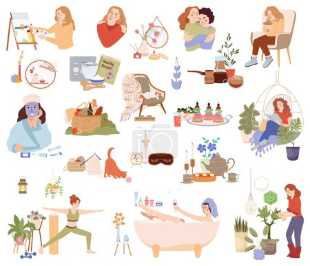 Illustration for Self care set with hobby and relax symbols flat isolated vector illustration - Royalty Free Image