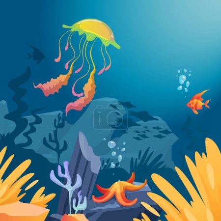 Underwater cartoon colored background with different ocean inhabitants algae and corals flat vector illustration