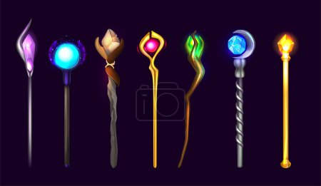 Illustration for Collection of glowing magic wands of various shapes with jewel tip realistic at black background isolated vector illustration - Royalty Free Image
