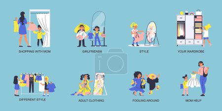 Illustration for Kids dress up flat composition set with children in adult clothing isolated vector illustration - Royalty Free Image