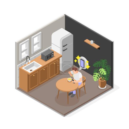Illustration for Excess spending isometric composition with isolated kitchen scenery and eating man dreaming of purchasing new phone vector illustration - Royalty Free Image