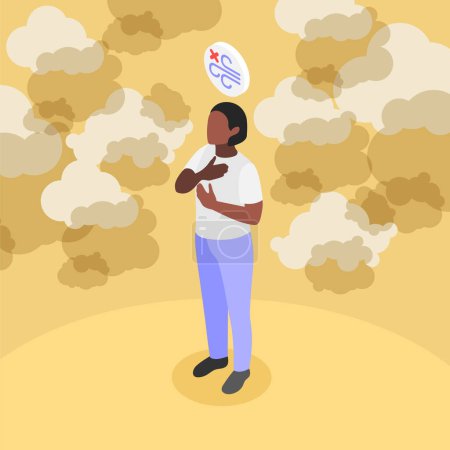 Illustration for Asthma symptoms and treatment isometric background composition with suffering black woman surrounded by clouds of smoke vector illustration - Royalty Free Image