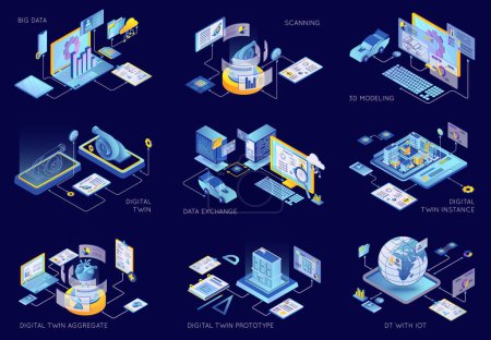 Digital twin types technology isometric set with process of scanning and data exchange isolated 3d vector illustration