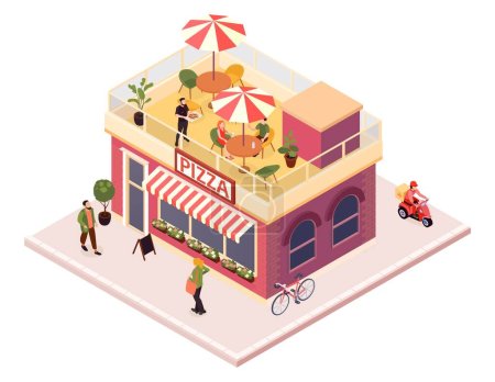 Ilustración de Composición isométrica de pizza con vista aislada de la pizzería con terraza en la azotea comiendo clientes e ilustración vectorial de camarero - Imagen libre de derechos