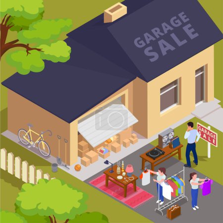 Téléchargez les illustrations : Concept isométrique de vente de garage avec des personnes vendant et achetant des biens d'occasion illustration vectorielle - en licence libre de droit