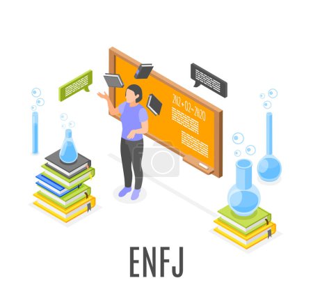 Illustration for Enfj mbti personality type isometric composition with protagonist female character and science symbols vector illustration - Royalty Free Image