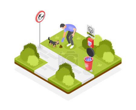 Illustration for People clean up after dogs isometric concept with man picking up poop on lawn 3d vector illustration - Royalty Free Image