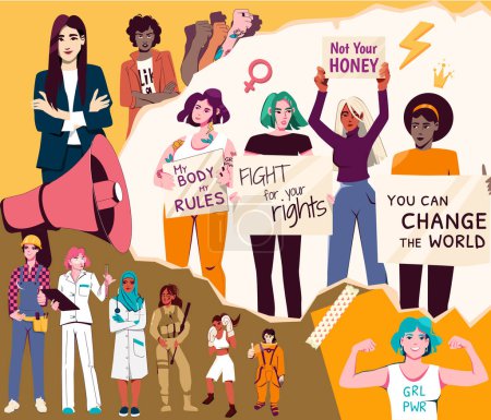 Girl Power flache Collage mit weiblichen Charakteren unterschiedlicher Nationalitäten, die für ihre Rechte kämpfen