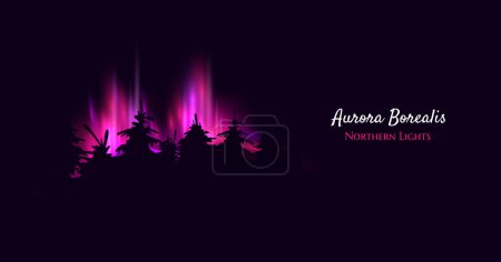 Téléchargez les illustrations : Aurora borealis illustration vectorielle réaliste des aurores boréales violettes mettant en évidence des silhouettes de conifères - en licence libre de droit