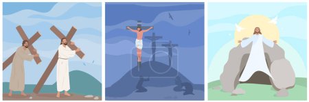Illustration for Jesus christ crucifixion resurrection way to golgotha flat set isolated vector illustration - Royalty Free Image