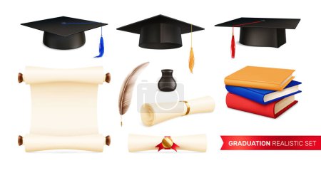 Ilustración de Graduación realista conjunto con iconos aislados de sombreros académicos con pergaminos diploma pluma y libros pila vector ilustración - Imagen libre de derechos