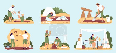 Archaeology color set with history symbols flat isolated vector illustration