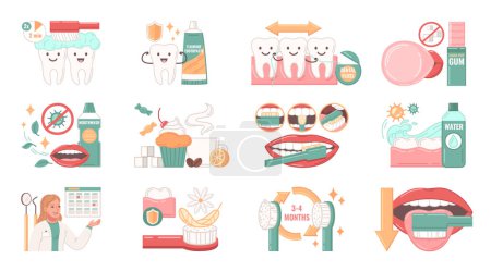 Illustration for Dental health flat icons set with oral hygiene symbols isolated vector illustration - Royalty Free Image