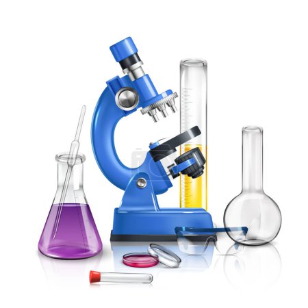 Science laboratory realistic composition consisting of microscope and flasks with chemical reagents vector illustration