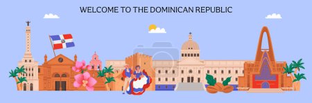 Illustration for Welcome to dominican republic horizontal ad banner with landmarks and culture items flat vector illustration - Royalty Free Image