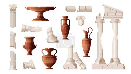 Téléchargez les illustrations : Vases de ruines antiques ensemble d'icônes isolées avec des pots grecs amphores et des morceaux de colonnes cassées illustration vectorielle - en licence libre de droit