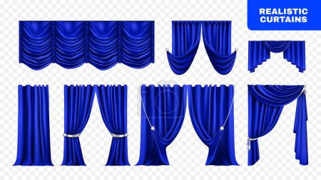 Illustration for Set with isolated realistic images of luxury curtains of blue color on transparent background with text vector illustration - Royalty Free Image