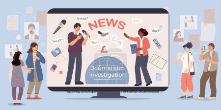 Illustration for Journalistic investigations flat composition with doodle characters of people and screen with investigative report and text vector illustration - Royalty Free Image
