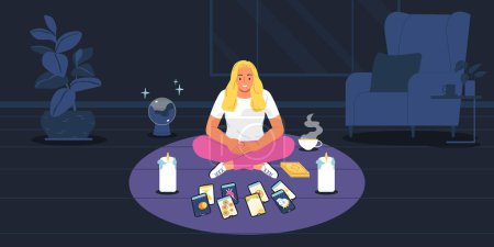 Illustration for Fortune telling background with tarot and candles symbols flat vector illustration - Royalty Free Image