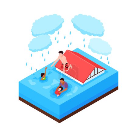 Illustration for Isometric natural disaster composition with piece of terrain with people in calamity on blank background vector illustration - Royalty Free Image