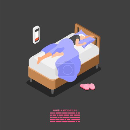 Illustration for Woman menopause symptoms isometric background with female character suffering from fatigue lying in bed vector illustration - Royalty Free Image