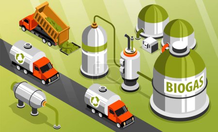 Green energy isometric background advertising biogas production from as sources of biofuel vector illustration