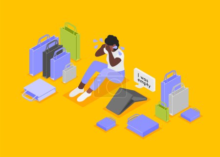 Illustration for Excess spending isometric background composition with crying female character surrounded by shopping bags and empty wallet vector illustration - Royalty Free Image