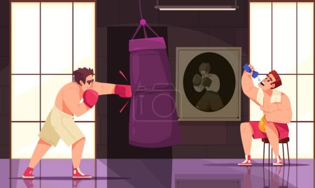 Téléchargez les illustrations : Composition colorée du club de boxe deux combattants sont engagés dans un club de sport avec l'illustration vectorielle du sac de boxe - en licence libre de droit