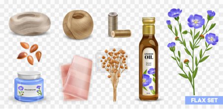 Illustration for Realistic flax product icons set with fabrics seeds and cosmetic items on transparent background isolated vector illustration - Royalty Free Image