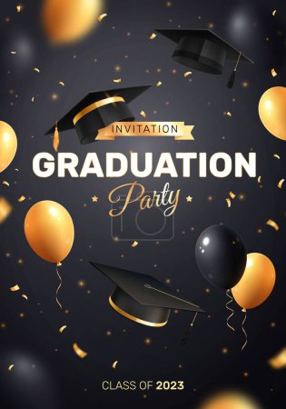 Illustration for Graduation party invitation realistic composition with ornate text flying balloons golden confetti and academic hat images vector illustration - Royalty Free Image