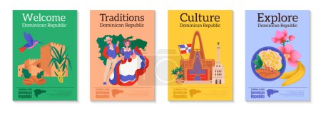 Illustration for Dominican republic flat colorful posters set for advertising and exploring traditions and culture isolated vector illustration - Royalty Free Image