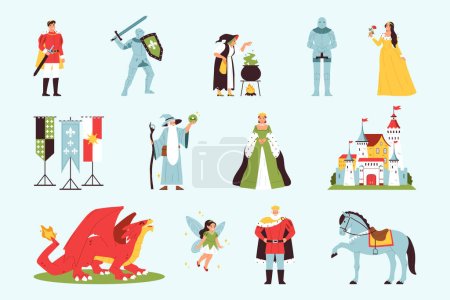 Kingdom color set with fairy tale story symbols flat isolated vector illustration
