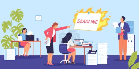 Illustration for Procrastination project deadline composition with indoor view of office mad female boss and relaxed workers characters vector illustration - Royalty Free Image